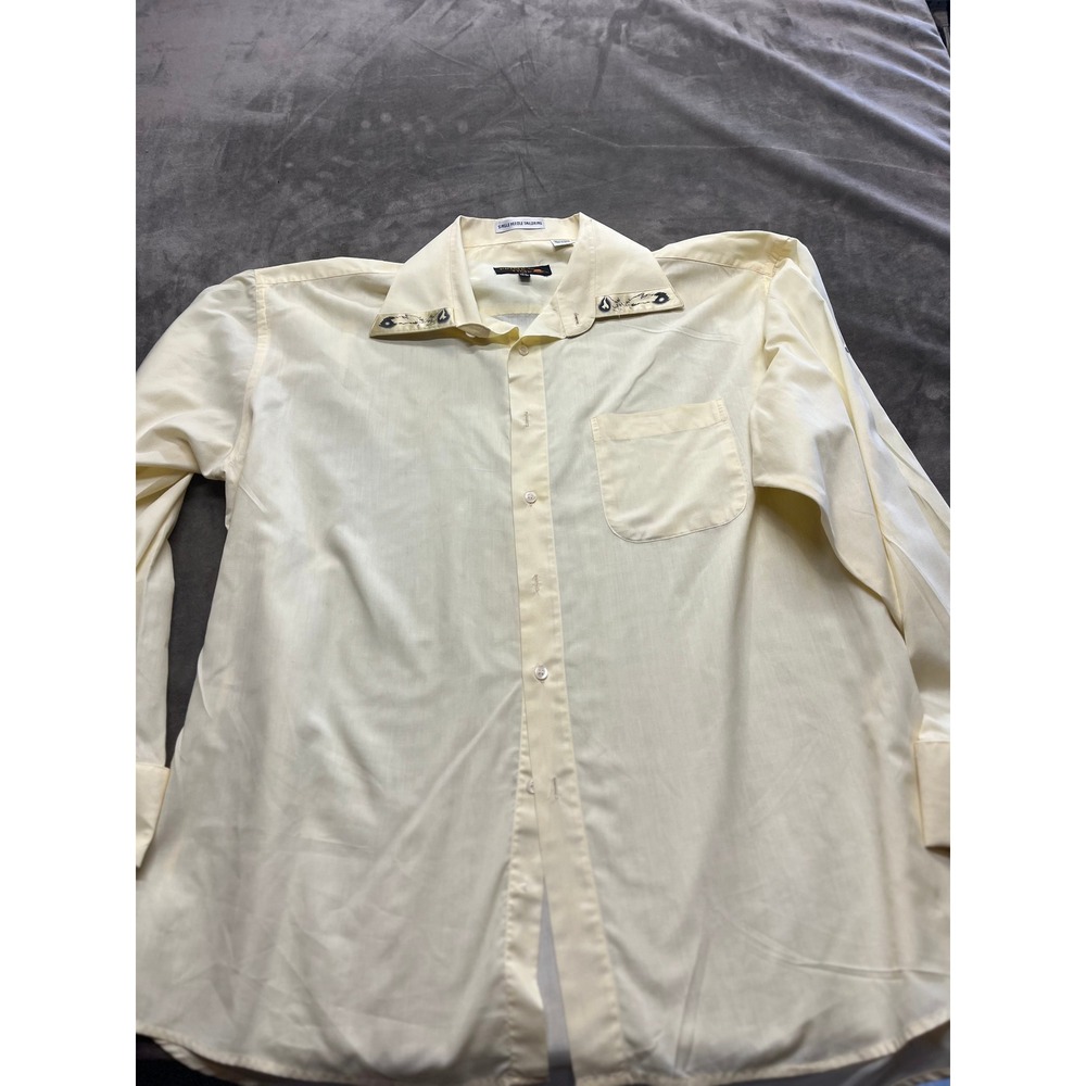 Prime Time Mens Cream Embroidered Collar Cuff Dress Shirt 17.5 34/35 Yellow L/XL